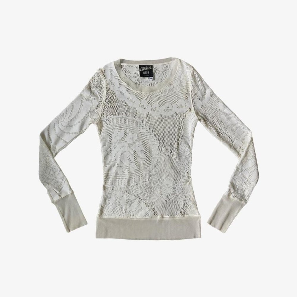 Vintage Ivory Crochet Mesh Long Sleeve Top by Jean Paul Gaultier